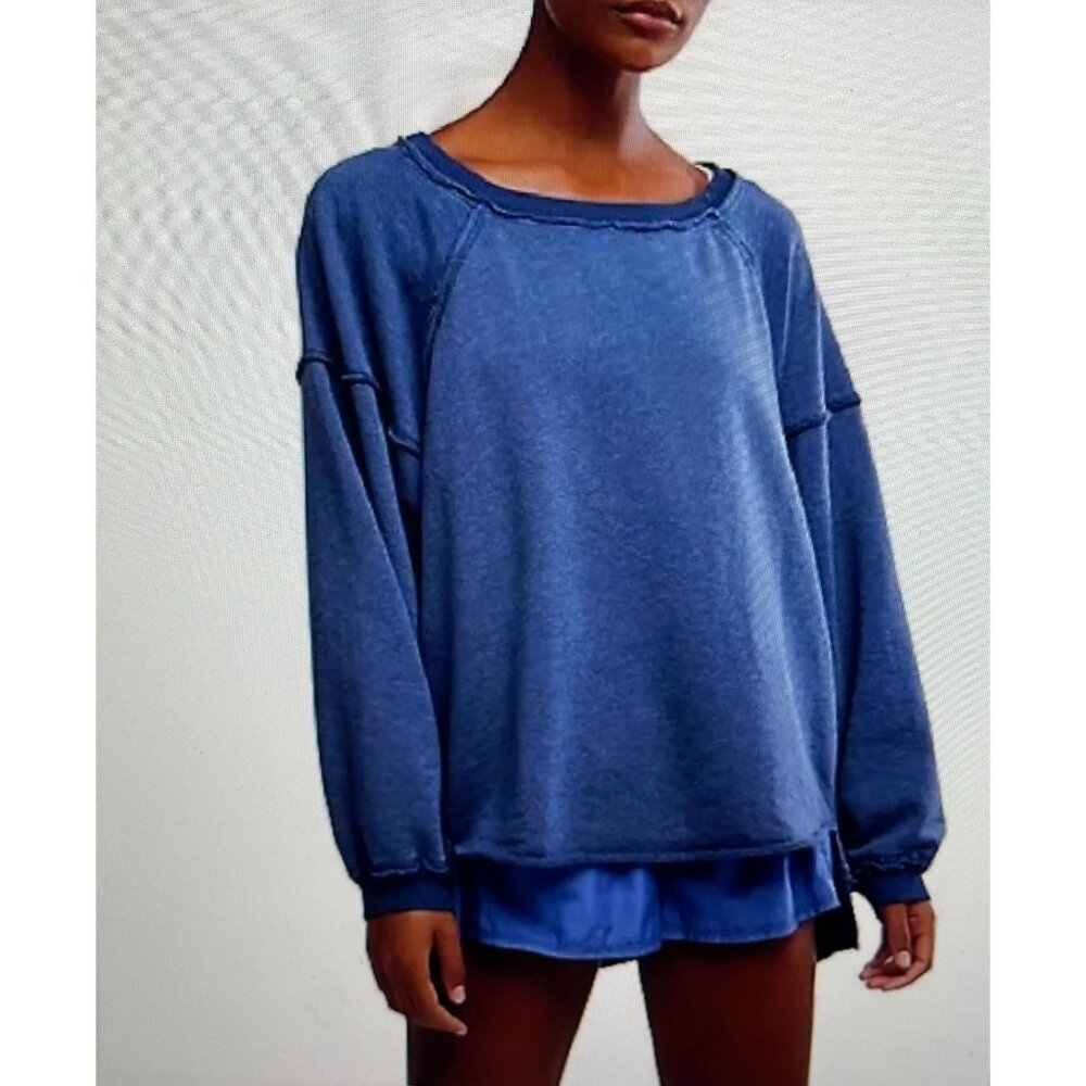 Free People Movement Blue Oversized Distressed Sweatshirt S Cotton/Polyester